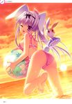  :d ;d absurdres animal_ears ass ball bare_shoulders barefoot beachball bikini bunny bunny_ears dutch_angle feet hatsuyuki_sakura highres innertube lavender_hair letterboxed long_hair looking_back moribe_(rabumanyo) ocean one_eye_closed open_mouth ponytail purple_eyes scan side-tie_bikini smile soles solo strap_gap striped striped_bikini sunset swimsuit tamaki_sakura toes wading water 