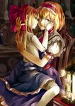 alice_margatroid blonde_hair blue_eyes bow bug butterfly cape chair doll doll_joints hair_bow hairband highres insect lamp looking_at_viewer multiple_girls nishiuri saliva saliva_trail shanghai_doll sitting smile topless touhou yuri 