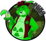  bottomless bravo chubby clothed clothing fur green_fur half-dressed male nuke_(character) open_shirt overweight radioactive shirt solo tanuki villain villainous 