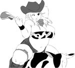  1girl breasts cleavage cow cow_print cowboy cowboy_hat cowgirl fat food hat huge_breasts monochrome plump scarf steak thick_thighs thighs tongs western wink 
