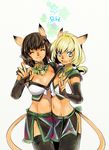  ^_^ animal_ears blonde_hair blue_eyes breasts brown_hair cat_ears cat_tail closed_eyes doraeshi final_fantasy final_fantasy_xi highres medium_breasts midriff mithra multiple_girls ok_sign slit_pupils small_breasts smile tail thighhighs toned v 