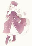  boots coat fate/stay_night fate/zero fate_(series) hat illyasviel_von_einzbern long_hair older purple_footwear purple_hat red_eyes scarf snow_bunny solo tsumi_guilty white_hair white_scarf winter_clothes 