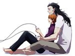  asurafkmt barefoot black_eyes black_hair caster_(fate/zero) controller fate/zero fate_(series) game_controller jacket long_hair multiple_boys orange_hair playing_games purple_jacket uryuu_ryuunosuke 