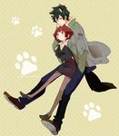  1girl animal_ears bad_id bad_pixiv_id black_hair brown_eyes brown_hair dog_ears dog_tail formal jacket kougami_shin'ya miniskirt pantyhose pencil_skirt pomeko psycho-pass short_hair size_difference skirt skirt_suit suit tail tsunemori_akane 