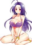  1girl ahoge anklet bikini bracelet breasts erect_nipples huge_breasts idolmaster jewelry legs long_hair miura_azusa okazaki_beru purple_hair red_eyes simple_background sitting solo swimsuit thighs wariza 