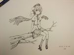  arm_support bangs bird_wings blush breasts dated frilled_skirt frills full_body fur_trim geta hat in_tree kawashina_(momen_silicon) kneehighs knees_together_feet_apart light_smile looking_at_viewer monochrome necktie outdoors pencil_skirt pointy_ears puffy_short_sleeves puffy_sleeves scan shameimaru_aya shirt shoes short_hair short_sleeves signature simple_background sitting sitting_in_tree sketch skirt skirt_set small_breasts smile solo tokin_hat touhou traditional_media tree wing_collar wings 