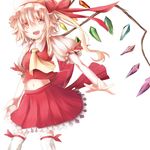  ascot blonde_hair bow fang flandre_scarlet hat hat_bow midriff mob_cap navel open_mouth puffy_sleeves shirt short_sleeves side_ponytail simple_background skirt skirt_set smile solo thighhighs touhou umagenzin vest white_background white_legwear wings yellow_eyes zettai_ryouiki 