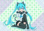  animal_ears aqua_hair blue_eyes cat_ears cat_tail hatsune_miku highres long_hair musical_note paw_pose school_uniform serafuku sitting skirt solo tail thighhighs tongue twintails very_long_hair vocaloid yuta1147 