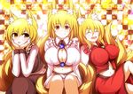  animal_ears blonde_hair blush breasts brooch cleavage closed_eyes cosplay fox_ears fox_tail jewelry large_breasts long_sleeves lunasa_prismriver lunasa_prismriver_(cosplay) lyrica_prismriver lyrica_prismriver_(cosplay) merlin_prismriver merlin_prismriver_(cosplay) merry_(diameri) multiple_girls multiple_persona no_hat no_headwear open_mouth short_hair sitting skirt smile tail touhou yakumo_ran yellow_eyes 