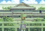  architecture blonde_hair blue_eyes building east_asian_architecture hat highres long_hair miso_pan moriya_suwako moss overgrown plant skirt solo standing touhou tree 