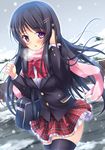  bad_id bad_pixiv_id bag black_hair black_legwear blazer blush frilled_skirt frills hair_ornament hairclip jacket long_hair mikan_(5555) original pink_scarf plaid plaid_skirt purple_eyes scarf school_bag school_uniform skirt snow snowing solo thighhighs 