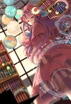  bad_id bad_pixiv_id book bookshelf cape coat crescent dress hair_ribbon hat library long_hair long_sleeves looking_at_viewer looking_back magic_circle mia0309 patchouli_knowledge purple_eyes purple_hair ribbon solo striped striped_dress touhou tress_ribbon very_long_hair wide_sleeves window 