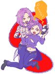  2boys diavolo dual_persona emptyhumpty freckles jojo_no_kimyou_na_bouken long_hair male male_focus multiple_boys navel open_mouth orange_eyes phone pink_hair ponytail purple_hair skirt speech_bubble vinegar_doppio 