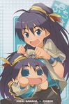  akane_yuki black_hair blue_eyes chibi chibiki earrings fang ganaha_hibiki highres idolmaster idolmaster_(classic) jewelry long_hair ponytail puchimasu! scan 