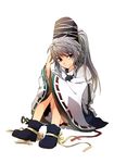  boots full_body grey_eyes grey_hair hat hat_ribbon japanese_clothes kariginu long_hair long_sleeves looking_at_viewer mononobe_no_futo ponytail rex_k ribbon simple_background skirt smile solo tate_eboshi touhou white_background wide_sleeves 