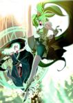  angry bare_legs battle bike_shorts breasts clenched_hand cure_march dress duel full_body green green_dress green_eyes green_hair green_skirt heterochromia highres hybrid_pandap large_breasts leg_up long_hair magical_girl majorina midorikawa_nao multiple_girls open_mouth ponytail precure purple_legwear red_eyes revision shoes skirt smile thigh_strap thighhighs tri_tails 