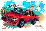  1girl 2boys araki_(bouncer) bad_id bad_pixiv_id bikini bikini_top_only blonde_hair braid breasts car large_breasts long_hair mask motor_vehicle multiple_boys original pickup_truck ponytail red_hair silver_hair swimsuit tank_top truck twin_braids vehicle_focus 