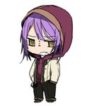  chibi commentary erubo frown hands_in_pockets hood hoodie jacket lowres male_focus open_clothes open_jacket open_mouth original pants purple_hair simple_background solo sukou_ruiga white_background yellow_eyes 