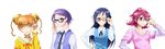  ^_^ adjusting_eyewear aida_mana bespectacled black-framed_eyewear blue_eyes blue_hair bow brown_hair choker closed_eyes dokidoki!_precure double_bun eyelashes flipped_hair glasses hair_bow half_updo highres hishikawa_rikka kenzaki_makoto long_hair multiple_girls one_eye_closed pink_eyes pink_hair precure purple_eyes purple_hair red-framed_eyewear shirt shogo_(4274732) short_hair short_twintails smile twintails vest white_background yellow-framed_eyewear yotsuba_alice 