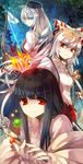  aqua_eyes asamiyajy black_hair bow_(weapon) branch fire flame fujiwara_no_mokou hat houraisan_kaguya jeweled_branch_of_hourai light_smile long_hair multiple_girls night night_sky red_eyes sky touhou weapon white_hair yagokoro_eirin 