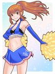  amemiya_sayaka armpits bare_shoulders brown_hair cheerleader detached_sleeves hamu_agaki long_hair midriff navel osu!_tatakae!_ouendan pink_eyes pom_poms ponytail skirt smile solo 