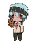  blue_hair chibi commentary erubo expressionless hand_puppet headband lowres male_focus necktie original pants puppet red_eyes ronaldo_castroneves school_uniform simple_background solo white_background 