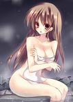  amane_ruri bad_id bad_pixiv_id blush breast_hold breasts brown_hair cleavage d: legs long_hair medium_breasts nude onsen open_mouth original purple_eyes solo towel water 