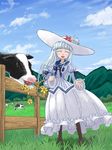  blue_hair blush closed_eyes cow day dress flower grazing_(livestock) hat highres kimishin long_hair open_mouth original outdoors shadow smile solo 
