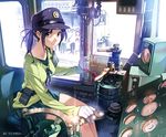  armband backlighting belt black_hair bloom blue_eyes breasts gloves hat lever long_hair looking_at_viewer md5_mismatch medium_breasts nose_shade original pouch sitting skirt smile solo speaker sweatdrop train_conductor train_interior vania600 