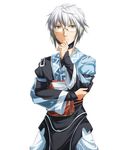  choker glasses kakao_(noise-111) long_sleeves male_focus morichika_rinnosuke pouch puffy_sleeves silver_hair solo touhou white_background wide_sleeves yellow_eyes 