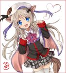  animal_ears blue_eyes blush bow capelet dog_ears dog_tail enoki_nai hat heart little_busters! long_hair long_sleeves noumi_kudryavka open_mouth pink_bow school_uniform silver_hair solo tail thighhighs very_long_hair white_legwear 