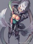  armor breasts cleavage gauntlets grey_background hijiki_(b-stroke) lace large_breasts mask original red_eyes short_hair silver_hair simple_background solo tail 
