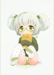  bad_id bad_pixiv_id blush book child covering_mouth english glasses green_eyes green_panties hair_bobbles hair_ornament highres original panties polka_dot polka_dot_legwear rollingswitch sitting skirt sleeves_past_wrists solo sweater thighhighs twintails underwear white_hair white_legwear 