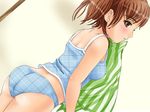  1girl ass blue_panties blush brown_hair checkered checkered_panties child gossa-tei lingerie loli panties solo towel underwear 