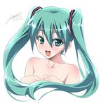  2013 dated green_eyes green_hair hatsune_miku long_hair open_mouth signature simple_background solo tomomimi_shimon twintails twintails_day upper_body vocaloid white_background 