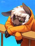  ambiguous_gender bored bovine caprine cervine clothing falvie green_eyes hoodie leaning mammal pensive plain_background sheep solo 