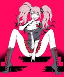  bad_id bad_pixiv_id blue_eyes boots bow breasts cleavage covering covering_crotch danganronpa danganronpa_1 enoshima_junko hair_bow hair_ornament high_heels knee_boots large_breasts legs long_hair nail_polish necktie pink_background pink_hair school_uniform shoes sitting skirt sleeves_rolled_up smile solo spoilers spread_legs takase_(harakiri) tongue tongue_out twintails 