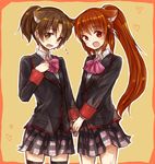  1girl blazer bow brown_eyes brown_hair crossdressing flying_sweatdrops jacket little_busters! long_hair naoe_riki natsume_rin otoko_no_ko pink_bow plaid plaid_skirt ponytail red_eyes sakuragayu_ryun school_uniform short_hair skirt thighhighs zettai_ryouiki 