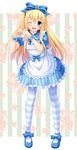  ;d alice_(wonderland) alice_in_wonderland blonde_hair blue_bow blue_eyes blue_footwear bow dress frilled_dress frills hair_bow heart heart_hands highres korotan legs long_hair mary_janes one_eye_closed open_mouth pantyhose shoes smile solo striped striped_background striped_legwear vertical-striped_background vertical_stripes wrist_cuffs 