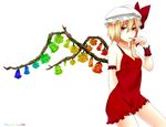  arm_behind_back armband bare_shoulders blonde_hair blue_flower blue_rose character_name collarbone dress flandre_scarlet flat_chest flower green_flower green_rose hat hat_ribbon highres hyou_haku multicolored multicolored_rose older orange_hair purple_flower purple_rose rainbow_order rainbow_text red_eyes red_flower red_hair red_rose red_skirt ribbon rose short_dress short_hair side_ponytail simple_background skirt solo spaghetti_strap thorns touhou wings wrist_cuffs yellow_flower yellow_rose 