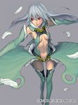  breasts elbow_gloves feathers gloves grey_background hijiki_(b-stroke) long_hair medium_breasts midriff navel open_mouth original red_eyes silver_hair simple_background solo thighhighs underboob 