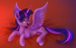  bed cutie_mark equine female feral friendship_is_magic fur hair horn horse lying mammal mn27 multi-colored_hair my_little_pony pony purple_eyes purple_fur smile solo twilight_sparkle_(mlp) winged_unicorn wings 