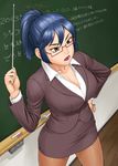  bang-you blue_hair breasts brown_eyes chalk chalkboard classroom cleavage floor formal glasses hand_on_hip highres holding jacket large_breasts looking_away open_mouth original pantyhose pencil_skirt pointer ponytail red-framed_eyewear semi-rimless_eyewear short_hair skirt skirt_suit solo suit teacher teeth text_focus thighs tight unbuttoned wall 