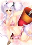  bad_id bad_pixiv_id barefoot bikini blush breasts cleavage eyepatch hair_ornament highres large_breasts long_hair looking_at_viewer navel oriental_umbrella red_eyes senran_kagura senran_kagura_shoujo-tachi_no_shin'ei silver_hair solo swimsuit twintails umbrella very_long_hair yagyuu_(senran_kagura) yutazou 