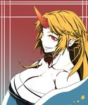  bare_shoulders blonde_hair breasts cleavage gradient gradient_background grin gurumo_(123) horn hoshiguma_yuugi large_breasts long_hair pale_skin red_eyes sarashi sharp_teeth smile solo teeth touhou 