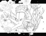  flower gari_(apollonica) gloves hair_ribbon hatsune_miku high_heels leg_hug legs lineart long_hair monochrome open_mouth ribbon shoes skirt smile solo thighhighs twintails upside-down very_long_hair vocaloid 