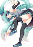 ass bad_id bad_pixiv_id blue_eyes boots detached_sleeves green_hair hatsune_miku headset long_hair necktie simple_background skirt solo spring_onion thigh_boots thighhighs twintails very_long_hair vocaloid white_background yappen 