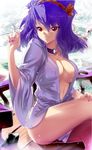  breasts choker crossed_legs frog highres initial_f juban large_breasts looking_at_viewer nail_polish naked_shirt open_clothes open_shirt purple_hair red_eyes shirt short_hair sitting smile snake solo touhou yasaka_kanako 