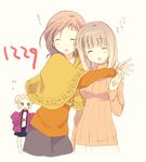  :d ^_^ blonde_hair brown_hair closed_eyes fukuji_mihoko green_eyes hug long_hair mase_yuuko multiple_girls open_mouth poncho saki short_hair skirt smile takei_hisa tokumi_yuiko yuri 