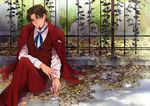  autumn_leaves bad_id bad_pixiv_id belt blue_eyes brown_hair facial_hair fate/zero fate_(series) fence formal goatee graveyard handkerchief ironwork ivy jacket jacket_on_shoulders k29 knee_up long_sleeves looking_away looking_to_the_side male_focus neck_ribbon on_ground outdoors pants pavement red_jacket red_pants red_vest ribbon shirt sitting smile solo suit sunlight tombstone toosaka_tokiomi vest white_shirt 